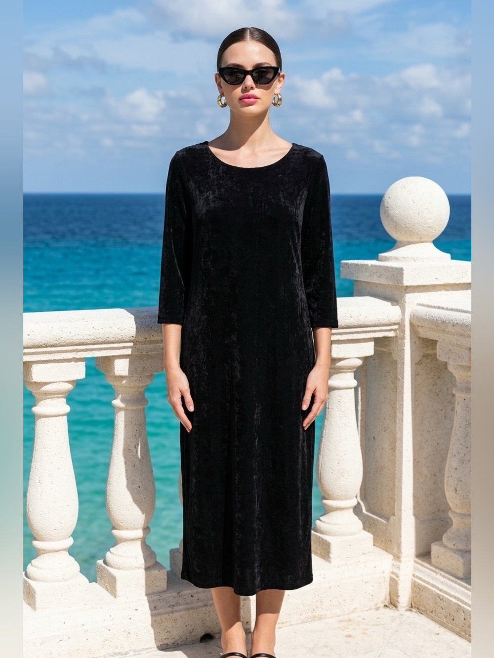 Traveler‎ by Chico's Womens Midi Shift Dress Size 2P LP 3/4 Sleeve Black Slinky
